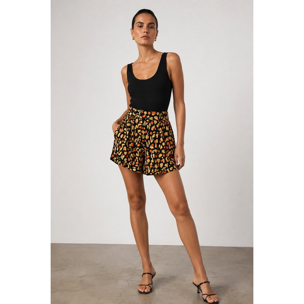 Totem Abstract High Waist Flare Shorts Orange Navy S Pockets Resort Artsy Chic